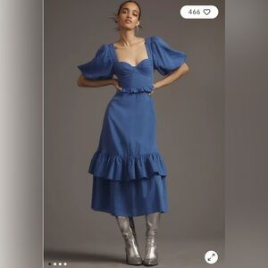 FARM Rio Short Sleeve Sweetheart Midi Dress in Blue Size XS. NWT